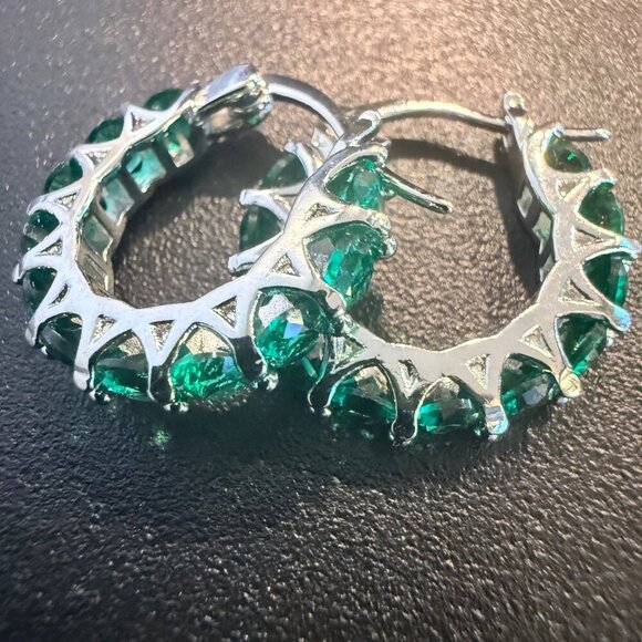 Silver Hoop Earrings With Green CZ Stones Elegant Design Fashion Jewelry - Picture 1 of 5